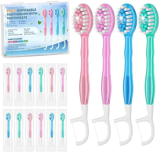 Main image of 5-in-1 Disposable Toothbrush with Toothpaste(12 Pack), Individually Wrapped Mini Travel Toothbrush, Soft Bristles, Dental Floss, Toothpick & Tongue Scraper, No Water Needed, 4 Flavors
