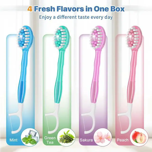 Alt view image 2 of 7 - 5-in-1 Disposable Toothbrush with Toothpaste(12 Pack), Individually Wrapped Mini Travel Toothbrush, Soft Bristles, Dental Floss, Toothpick & Tongue Scraper, No Water Needed, 4 Flavors