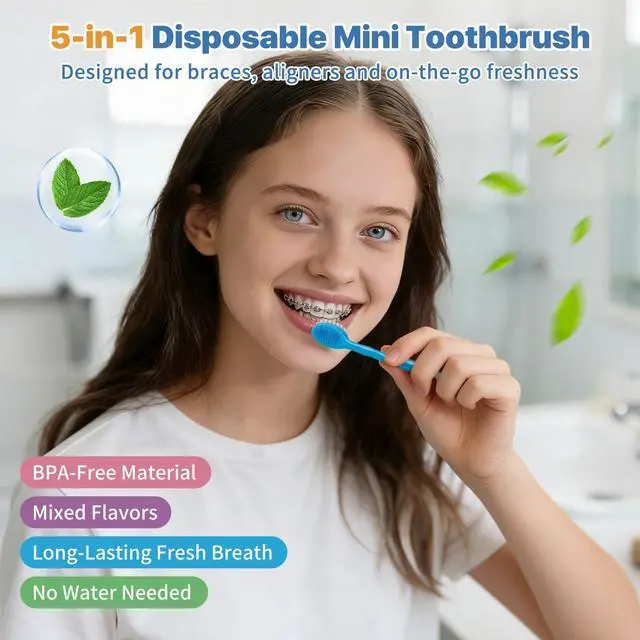Alt view image 3 of 7 - 5-in-1 Disposable Toothbrush with Toothpaste(12 Pack), Individually Wrapped Mini Travel Toothbrush, Soft Bristles, Dental Floss, Toothpick & Tongue Scraper, No Water Needed, 4 Flavors