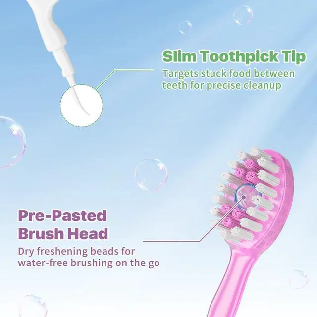 Alt view image 5 of 7 - 5-in-1 Disposable Toothbrush with Toothpaste(12 Pack), Individually Wrapped Mini Travel Toothbrush, Soft Bristles, Dental Floss, Toothpick & Tongue Scraper, No Water Needed, 4 Flavors