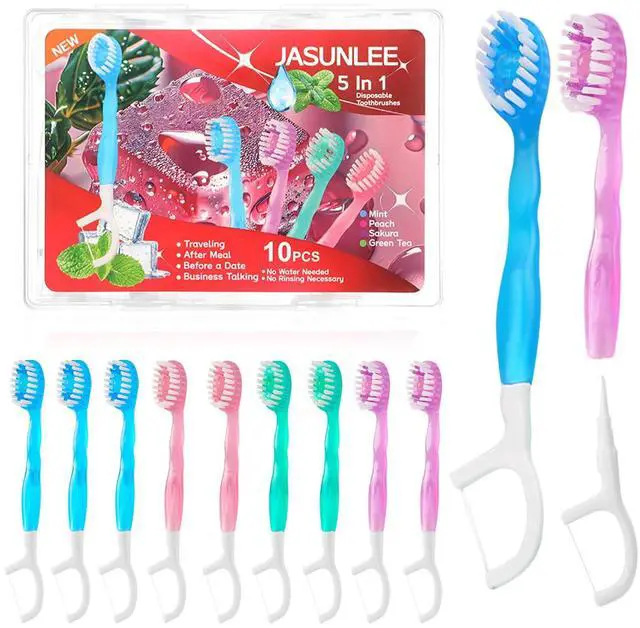Main image of 10Pack Mini Disposable Toothbrushes 5-in-1 PrePasted Travel Toothbrush with Toothpaste Flosser Pick Tongue Scraper, Individually Wrapped Box, Carry On Essentials for Airplane Camping