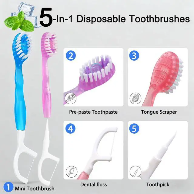 Alt view image 5 of 7 - 10Pack Mini Disposable Toothbrushes 5-in-1 PrePasted Travel Toothbrush with Toothpaste Flosser Pick Tongue Scraper, Individually Wrapped Box, Carry On Essentials for Airplane Camping