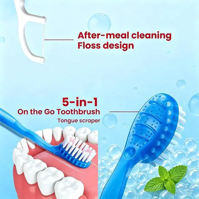 Alt view image 4 of 7 - 10Pack Mini Disposable Toothbrushes 5-in-1 PrePasted Travel Toothbrush with Toothpaste Flosser Pick Tongue Scraper, Individually Wrapped Box, Carry On Essentials for Airplane Camping