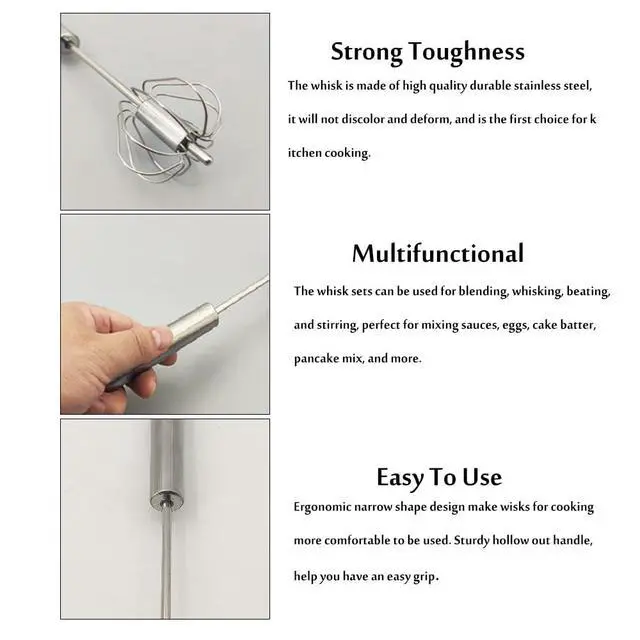 Alt view image 4 of 7 - Stainless Steel Semi-Automatic Whisk Set of 2, Push Egg Whisks Hand Mixer for Eggs, Milk, Kitchen Manual Blender (10&12 Inch)