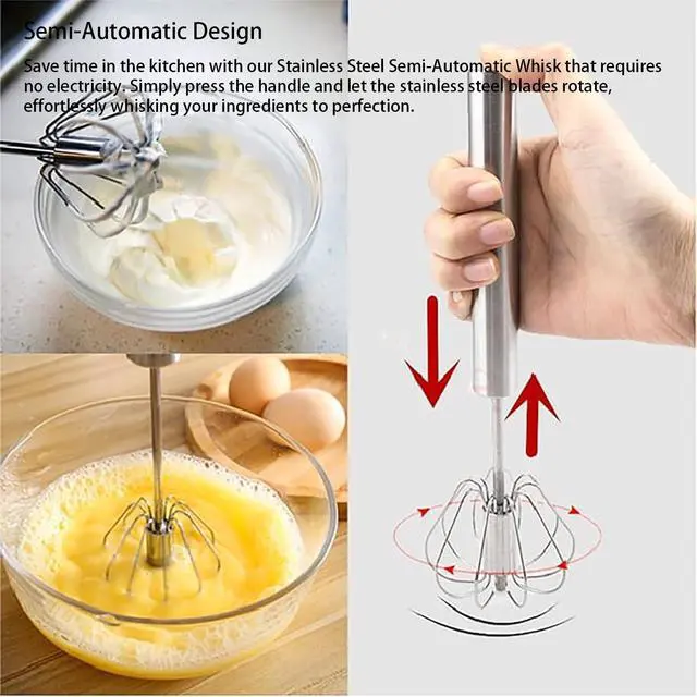 Alt view image 5 of 7 - Stainless Steel Semi-Automatic Whisk Set of 2, Push Egg Whisks Hand Mixer for Eggs, Milk, Kitchen Manual Blender (10&12 Inch)