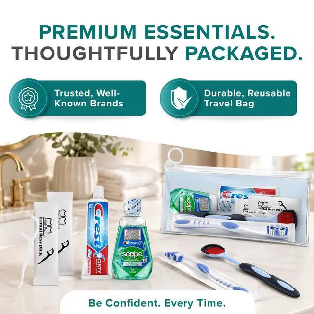 Alt view image 3 of 7 - Travel Oral Care Kit with Premium Name Brand Toothbrush, Toothpaste & Floss | Toothbrush & Toothpaste Set, Travel Size Toiletries & Travel Essentials Oral Care, TSA Approved Bag