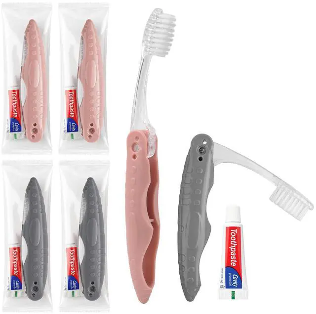 Main image of Travel Toothbrush and Toothpaste, Individually Packaged (4-Pack) | Travel Toothbrush Set, Foldable For Easy Storage, Available In Gray And Pink, Ideal For Travel, Hotels, And Camping