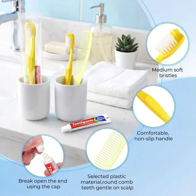 Alt view image 3 of 7 - Disposable Toothbrushes with Toothpaste and Comb, 30 Pack Individually Wrapped Yellow Hollow Single Use Travel Size Toothbrush Kit for Homeless, Hotel, Camping,Nursing Home