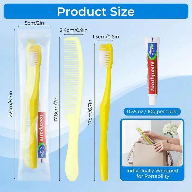 Alt view image 2 of 7 - Disposable Toothbrushes with Toothpaste and Comb, 30 Pack Individually Wrapped Yellow Hollow Single Use Travel Size Toothbrush Kit for Homeless, Hotel, Camping,Nursing Home