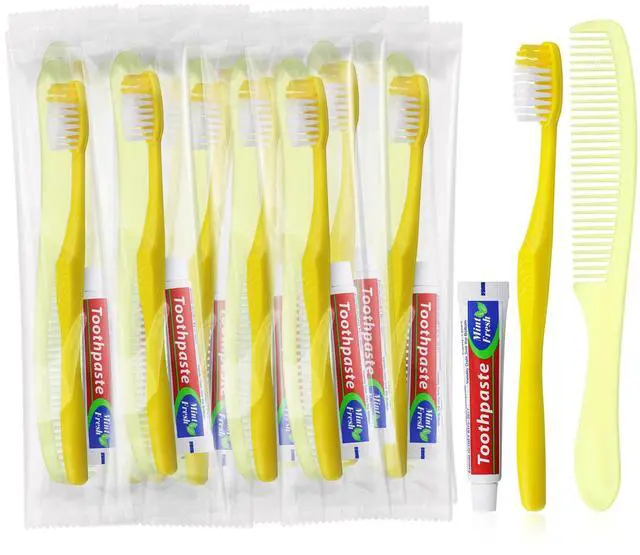 Main image of Disposable Toothbrushes with Toothpaste and Comb, 30 Pack Individually Wrapped Yellow Hollow Single Use Travel Size Toothbrush Kit for Homeless, Hotel, Camping,Nursing Home