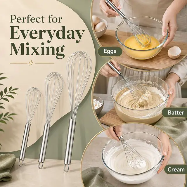 Alt view image 3 of 6 - 3 Pack Stainless Steel Balloon Whisk Set, Manual Egg Beater - 8/10/12 Inch, Handquirls for Stirring, Baking and Cooking