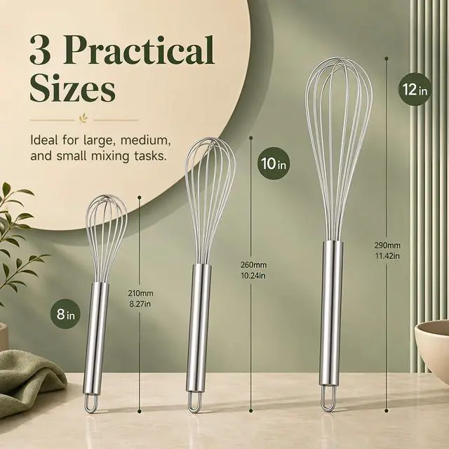 Alt view image 6 of 6 - 3 Pack Stainless Steel Balloon Whisk Set, Manual Egg Beater - 8/10/12 Inch, Handquirls for Stirring, Baking and Cooking