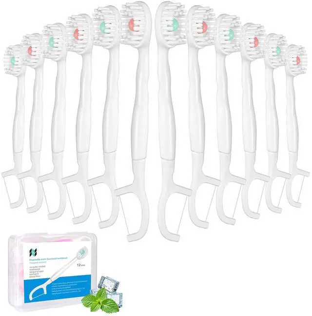 Main image of 5 in 1 Disposable Mini Toothbrushes with Toothpaste Tongue Scraper Floss Pick Prepasted Travel Toothbrush 12 Pack (Mixed Flavors)