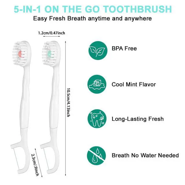 Alt view image 2 of 7 - 5 in 1 Disposable Mini Toothbrushes with Toothpaste Tongue Scraper Floss Pick Prepasted Travel Toothbrush 12 Pack (Mixed Flavors)