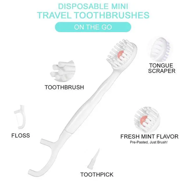 Alt view image 3 of 7 - 5 in 1 Disposable Mini Toothbrushes with Toothpaste Tongue Scraper Floss Pick Prepasted Travel Toothbrush 12 Pack (Mixed Flavors)