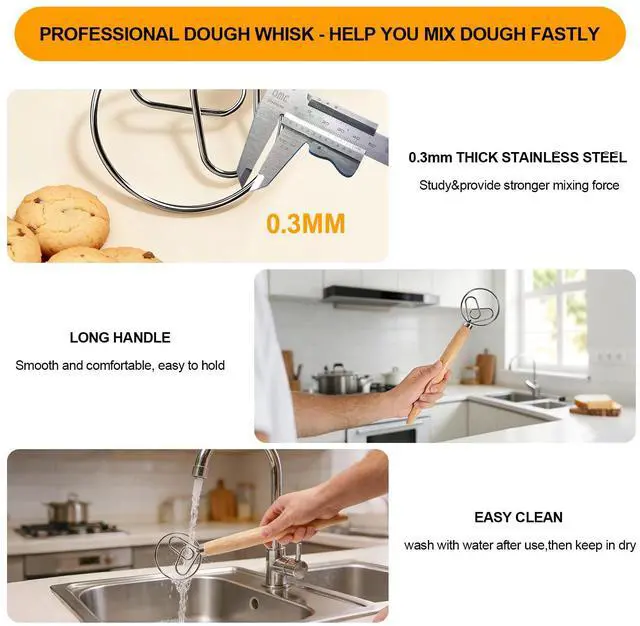 Alt view image 3 of 7 - 13 Inch Danish Dough Whisk, Stainless Steel Dough Whisk with Long Handle | 304 Stainless Steel Dough Whisk, Dutch Whisk Sourdough Bread Tools for Baking Breads,Pastry Mixing Sourdough Easy & Quick
