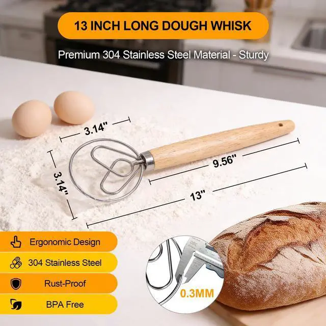 Alt view image 2 of 7 - 13 Inch Danish Dough Whisk, Stainless Steel Dough Whisk with Long Handle | 304 Stainless Steel Dough Whisk, Dutch Whisk Sourdough Bread Tools for Baking Breads,Pastry Mixing Sourdough Easy & Quick