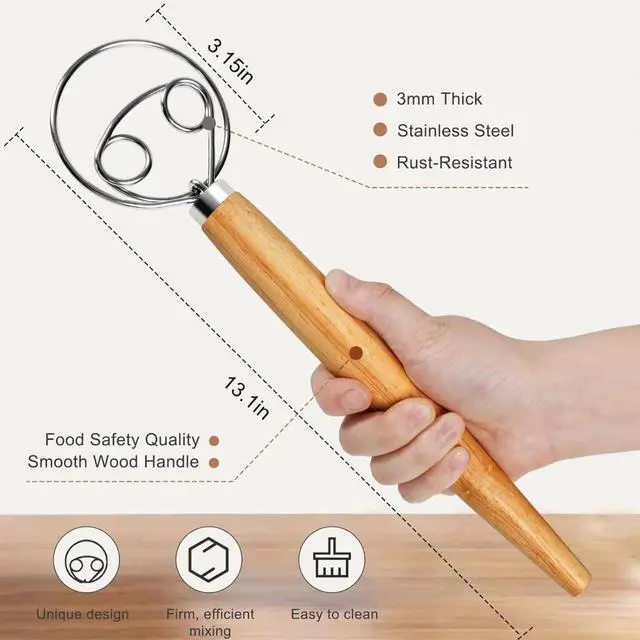 Alt view image 2 of 5 - Danish Dough Whisk, 13-inch wood handle Stainless Steel Dough Hook Dutch Whisk for Bread Sourdough Mixer Hand Wooden Handle Kitchen Whisking Mixing Tool