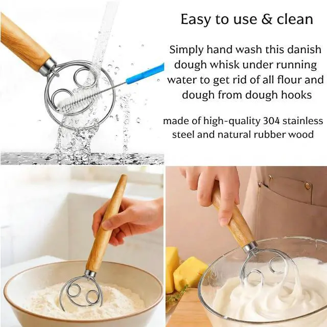 Alt view image 3 of 5 - Danish Dough Whisk, 13-inch wood handle Stainless Steel Dough Hook Dutch Whisk for Bread Sourdough Mixer Hand Wooden Handle Kitchen Whisking Mixing Tool