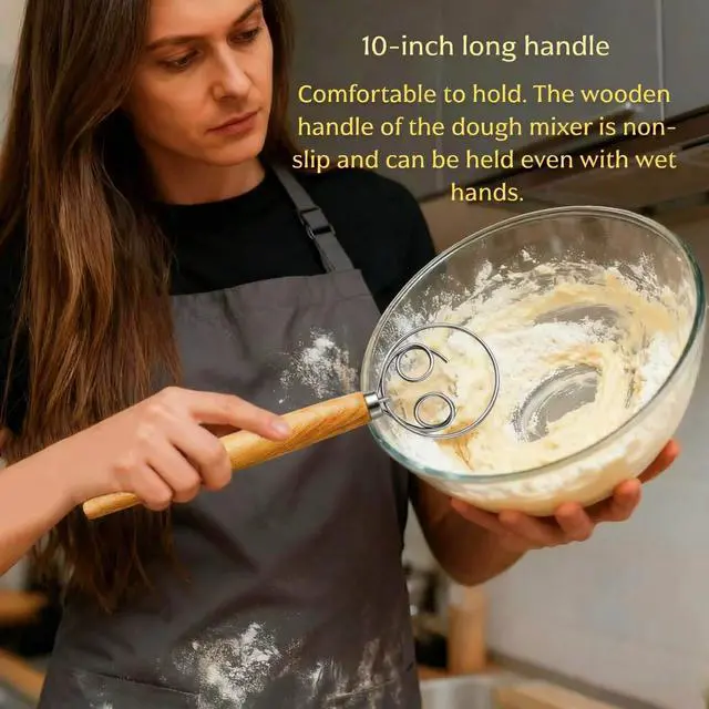 Alt view image 4 of 5 - Danish Dough Whisk, 13-inch wood handle Stainless Steel Dough Hook Dutch Whisk for Bread Sourdough Mixer Hand Wooden Handle Kitchen Whisking Mixing Tool