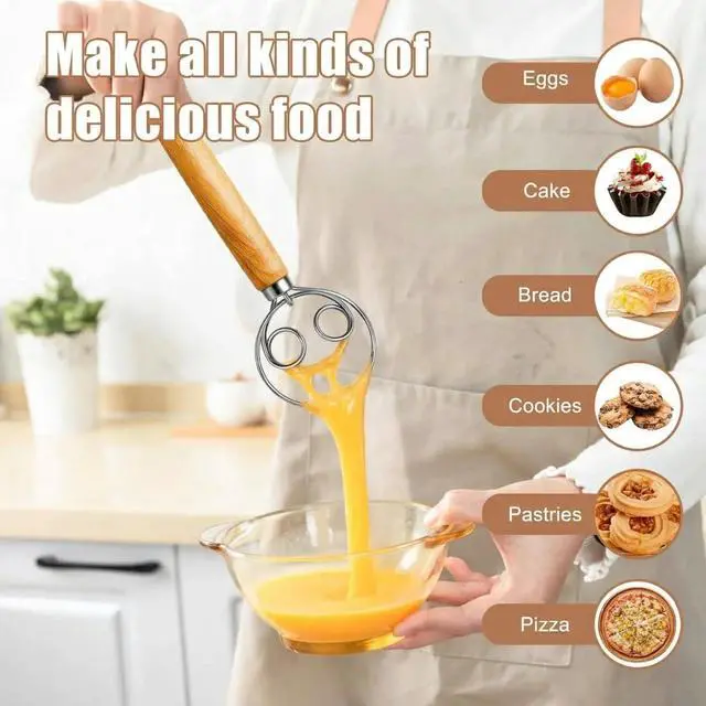 Alt view image 5 of 5 - Danish Dough Whisk, 13-inch wood handle Stainless Steel Dough Hook Dutch Whisk for Bread Sourdough Mixer Hand Wooden Handle Kitchen Whisking Mixing Tool