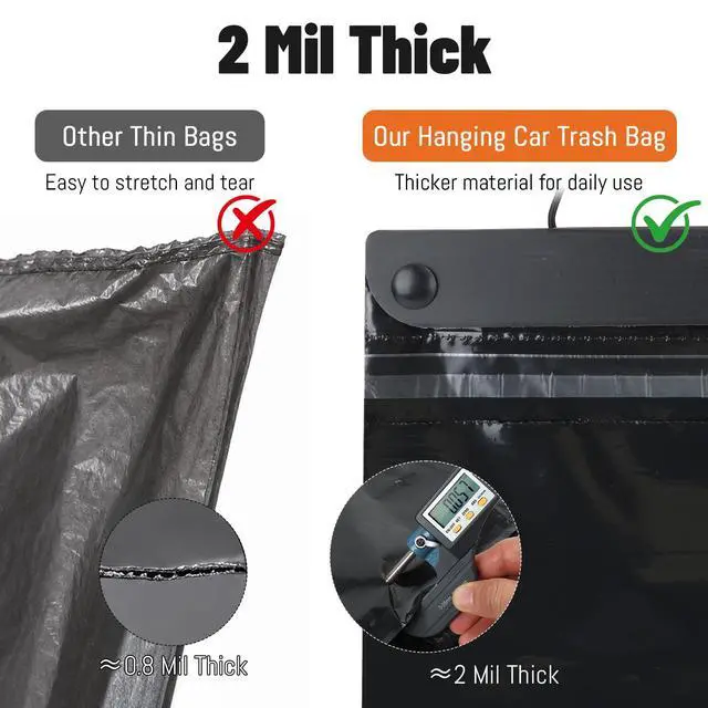 Alt view image 4 of 7 - Car Trash Bags, 10PCS Hanging Disposable Car Garbage Bags, 2 Gallon 16 x 12 in, 2 Mil Thick Leak-Resistant Sealable Disposable Trash Bags for Car, Travel, Office, Black