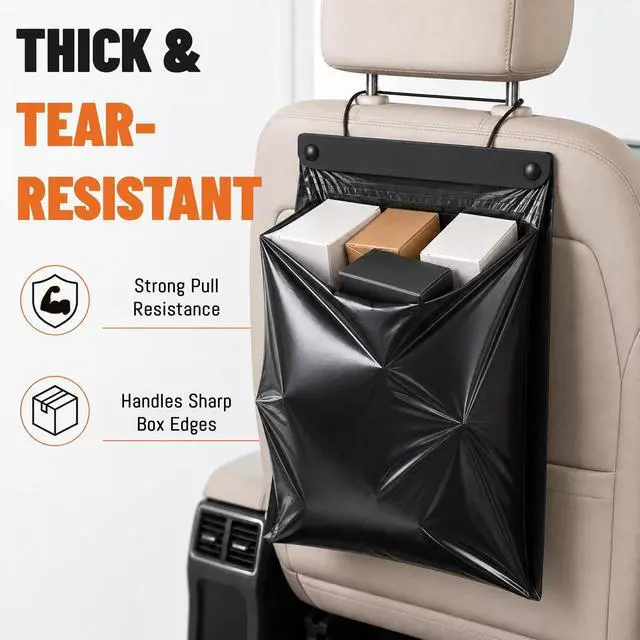 Alt view image 5 of 7 - Car Trash Bags, 10PCS Hanging Disposable Car Garbage Bags, 2 Gallon 16 x 12 in, 2 Mil Thick Leak-Resistant Sealable Disposable Trash Bags for Car, Travel, Office, Black