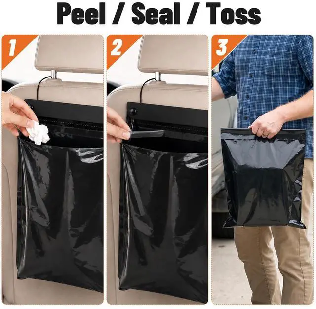 Alt view image 6 of 7 - Car Trash Bags, 10PCS Hanging Disposable Car Garbage Bags, 2 Gallon 16 x 12 in, 2 Mil Thick Leak-Resistant Sealable Disposable Trash Bags for Car, Travel, Office, Black