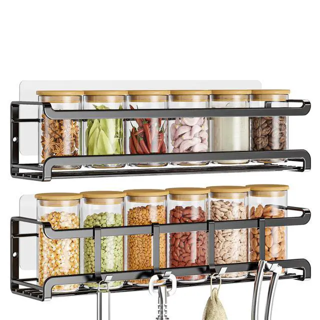 Main image of Spice Rack Wall Mounted 2 Pack, Black,11.41x2.75x2.75in | 2 Removalble Hooks,Screw or Adhesive Hanging,Space-Saving,For Kitchen Cabinet, Pantry Door,Stove,RV
