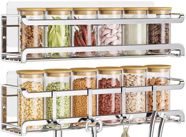 Main image of Spice Rack Wall Mounted 2 Pack, Silver,For Spice Jars & Seasonings | 2 Removalble Hooks,Screw or Adhesive Hanging, Space-Saving,For Kitchen Cabinet, Pantry Door,Stove,RV Use,11.41x2.75x2.75in