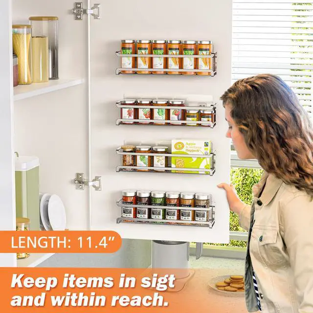 Alt view image 3 of 7 - Spice Rack Wall Mounted 2 Pack, Silver,For Spice Jars & Seasonings | 2 Removalble Hooks,Screw or Adhesive Hanging, Space-Saving,For Kitchen Cabinet, Pantry Door,Stove,RV Use,11.41x2.75x2.75in