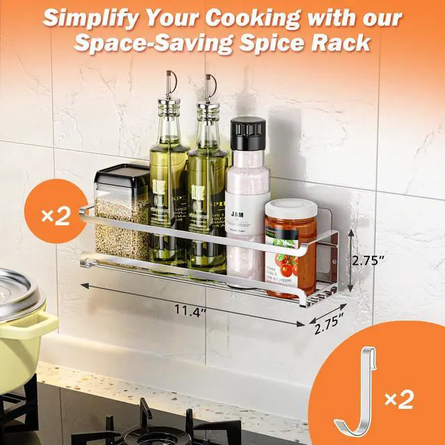 Alt view image 2 of 7 - Spice Rack Wall Mounted 2 Pack, Silver,For Spice Jars & Seasonings | 2 Removalble Hooks,Screw or Adhesive Hanging, Space-Saving,For Kitchen Cabinet, Pantry Door,Stove,RV Use,11.41x2.75x2.75in