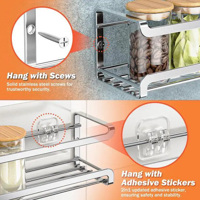 Alt view image 4 of 7 - Spice Rack Wall Mounted 2 Pack, Silver,For Spice Jars & Seasonings | 2 Removalble Hooks,Screw or Adhesive Hanging, Space-Saving,For Kitchen Cabinet, Pantry Door,Stove,RV Use,11.41x2.75x2.75in