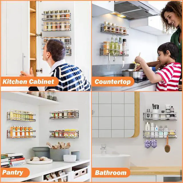 Alt view image 7 of 7 - Spice Rack Wall Mounted 2 Pack, Silver,For Spice Jars & Seasonings | 2 Removalble Hooks,Screw or Adhesive Hanging, Space-Saving,For Kitchen Cabinet, Pantry Door,Stove,RV Use,11.41x2.75x2.75in