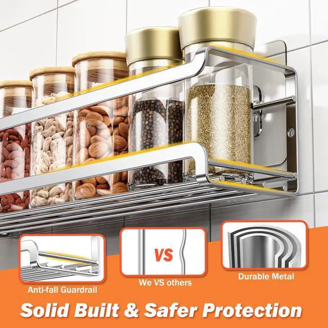 Alt view image 5 of 7 - Spice Rack Wall Mounted 2 Pack, Silver,For Spice Jars & Seasonings | 2 Removalble Hooks,Screw or Adhesive Hanging, Space-Saving,For Kitchen Cabinet, Pantry Door,Stove,RV Use,11.41x2.75x2.75in