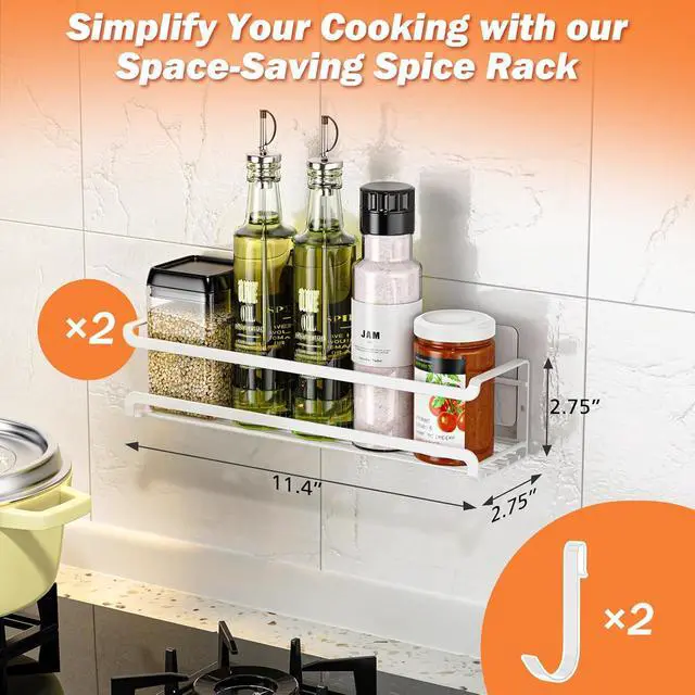 Alt view image 2 of 7 - Spice Rack Wall Mounted 2 Pack, White,For Spice Jars & Seasonings | 2 Removalble Hooks,Screw or Adhesive Hanging, Space-Saving,For Kitchen Cabinet, Pantry Door,Stove,RV Use,11.41x2.75x2.75in