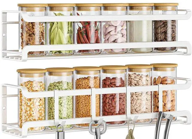 Main image of Spice Rack Wall Mounted 2 Pack, White,For Spice Jars & Seasonings | 2 Removalble Hooks,Screw or Adhesive Hanging, Space-Saving,For Kitchen Cabinet, Pantry Door,Stove,RV Use,11.41x2.75x2.75in