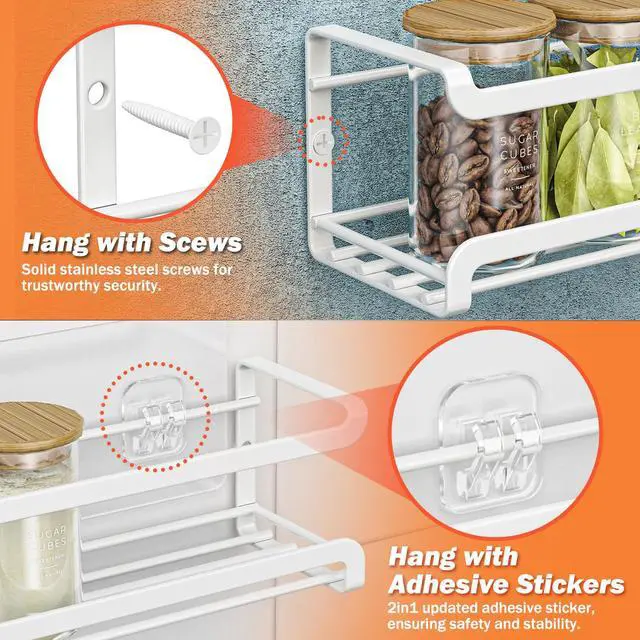 Alt view image 4 of 7 - Spice Rack Wall Mounted 2 Pack, White,For Spice Jars & Seasonings | 2 Removalble Hooks,Screw or Adhesive Hanging, Space-Saving,For Kitchen Cabinet, Pantry Door,Stove,RV Use,11.41x2.75x2.75in