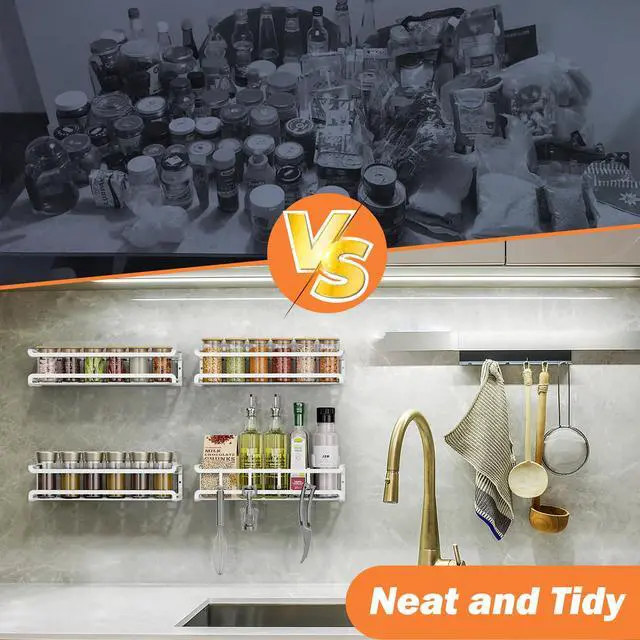 Alt view image 6 of 7 - Spice Rack Wall Mounted 2 Pack, White,For Spice Jars & Seasonings | 2 Removalble Hooks,Screw or Adhesive Hanging, Space-Saving,For Kitchen Cabinet, Pantry Door,Stove,RV Use,11.41x2.75x2.75in
