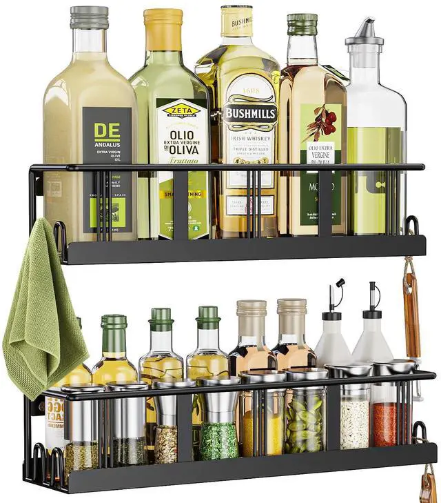 Main image of Spice Rack Wall Mounted 2 Pack,RV Spice Rack,Black | 8 Built-in Hooks,2 Versatile Sizes, Space-Saving,Flat Base, Screw or Adhesive, For Kitchen Cabinet, Pantry Door,Stove,RV