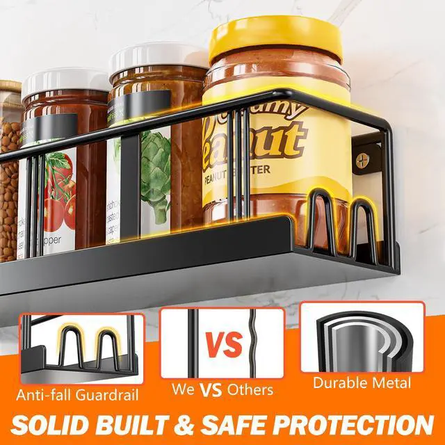 Alt view image 4 of 7 - Spice Rack Wall Mounted 2 Pack,RV Spice Rack,Black | 8 Built-in Hooks,2 Versatile Sizes, Space-Saving,Flat Base, Screw or Adhesive, For Kitchen Cabinet, Pantry Door,Stove,RV