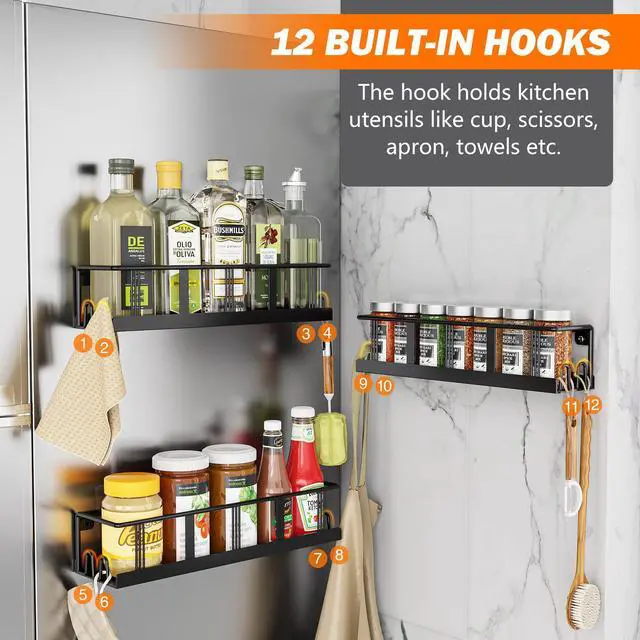 Alt view image 5 of 7 - Spice Rack Wall Mounted 2 Pack,RV Spice Rack,Black | 8 Built-in Hooks,2 Versatile Sizes, Space-Saving,Flat Base, Screw or Adhesive, For Kitchen Cabinet, Pantry Door,Stove,RV