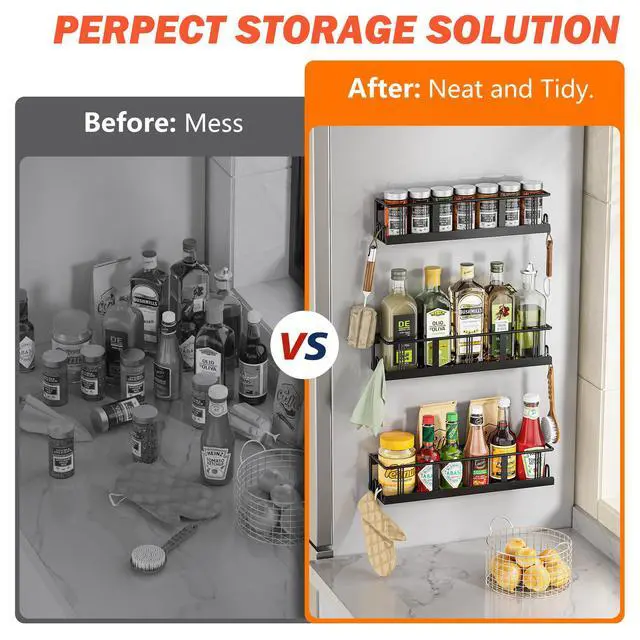 Alt view image 6 of 7 - Spice Rack Wall Mounted 2 Pack,RV Spice Rack,Black | 8 Built-in Hooks,2 Versatile Sizes, Space-Saving,Flat Base, Screw or Adhesive, For Kitchen Cabinet, Pantry Door,Stove,RV