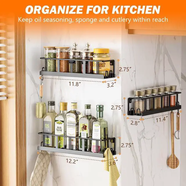 Alt view image 7 of 7 - Spice Rack Wall Mounted 2 Pack,RV Spice Rack,Black | 8 Built-in Hooks,2 Versatile Sizes, Space-Saving,Flat Base, Screw or Adhesive, For Kitchen Cabinet, Pantry Door,Stove,RV