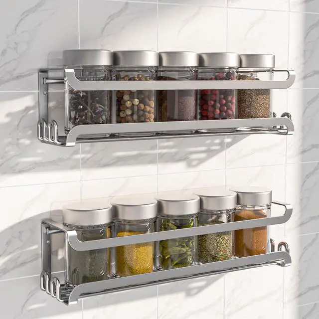Main image of 2 Pack Wall Mounted Spice Rack for Spice Jars & Seasonings (Silver) | 8 Metal Hooks, Space-Saving,Screw or Adhesive Spice Shelf Hanging,for Kitchen Cabinet,Pantry Door,RV,Camper Spice Orgnaizer