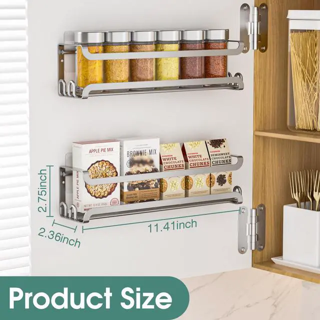 Alt view image 2 of 7 - 2 Pack Wall Mounted Spice Rack for Spice Jars & Seasonings (Silver) | 8 Metal Hooks, Space-Saving,Screw or Adhesive Spice Shelf Hanging,for Kitchen Cabinet,Pantry Door,RV,Camper Spice Orgnaizer