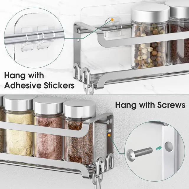 Alt view image 6 of 7 - 2 Pack Wall Mounted Spice Rack for Spice Jars & Seasonings (Silver) | 8 Metal Hooks, Space-Saving,Screw or Adhesive Spice Shelf Hanging,for Kitchen Cabinet,Pantry Door,RV,Camper Spice Orgnaizer