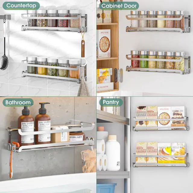 Alt view image 7 of 7 - 2 Pack Wall Mounted Spice Rack for Spice Jars & Seasonings (Silver) | 8 Metal Hooks, Space-Saving,Screw or Adhesive Spice Shelf Hanging,for Kitchen Cabinet,Pantry Door,RV,Camper Spice Orgnaizer