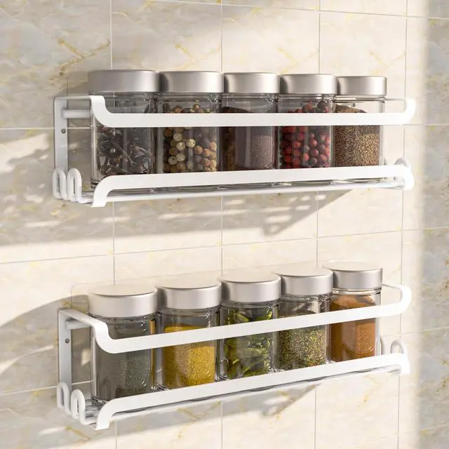 Main image of 2 Pack Wall Mounted Spice Rack for Spice Jars & Seasonings (White) | 8 Metal Hooks, Space-Saving,Screw or Adhesive Spice Shelf Hanging,for Kitchen Cabinet,Pantry Door,RV,Camper Spice Orgnaizer