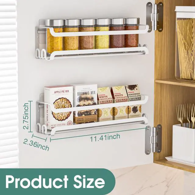 Alt view image 2 of 7 - 2 Pack Wall Mounted Spice Rack for Spice Jars & Seasonings (White) | 8 Metal Hooks, Space-Saving,Screw or Adhesive Spice Shelf Hanging,for Kitchen Cabinet,Pantry Door,RV,Camper Spice Orgnaizer